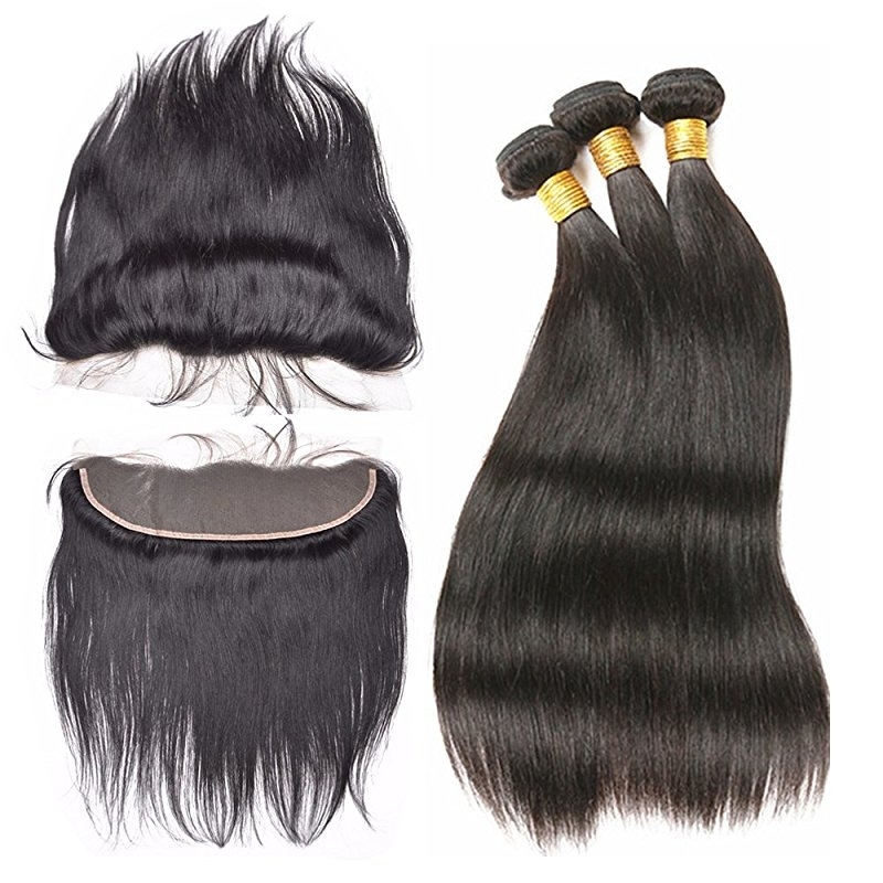 3 Bundles Hair Weave Silky Straight Hair Brazilian Frontal Lace Closure 13X4