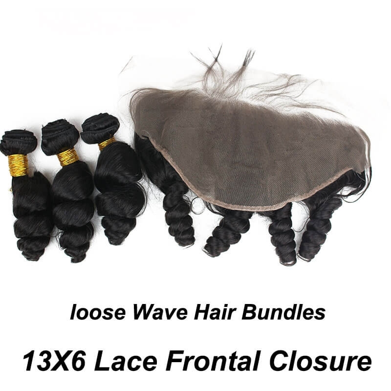 13x6 Lace Frontal With 3 Bundles Brazilian Loose Wave Bundles With Frontal Closure With Baby Human Hair Natural Color