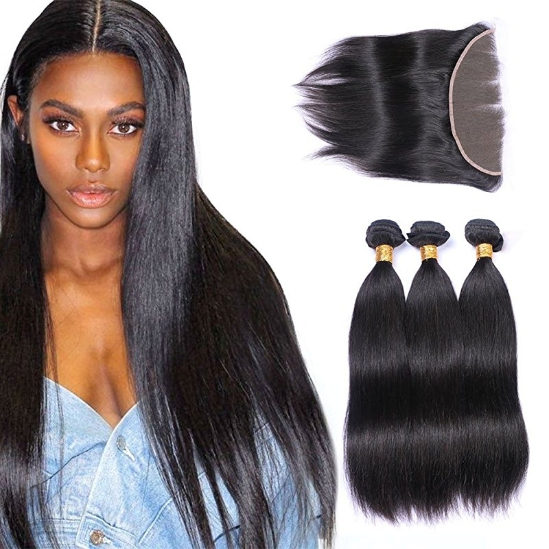 3 Bundles with Frontal 13x4 Ear to Ear Lace Closure Extensions Unprocessed Human Hair Brazilian Straight Remy Hair Weaves Natural Color