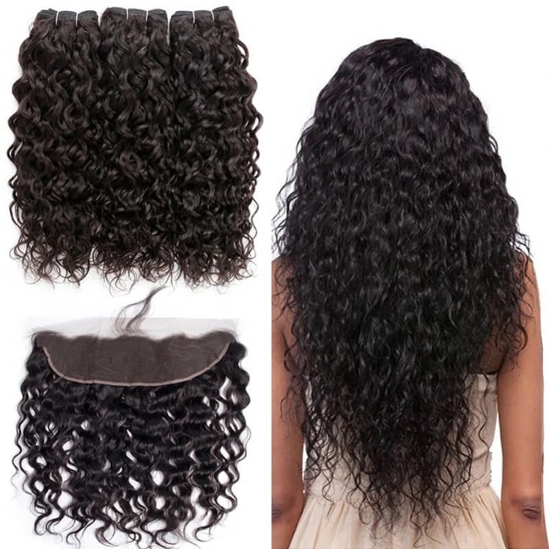 Human Hair Natural Color Hair Bundles With 13x4 Lace Frontal Pre Plucked Bleached Knots