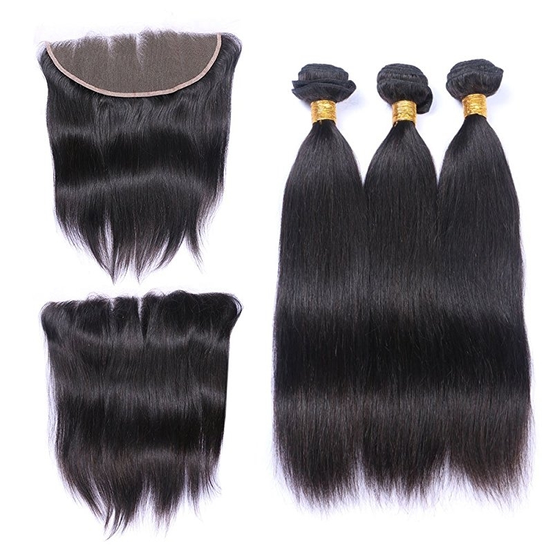 3 Bundles with Frontal 13x4 Ear to Ear Lace Closure Extensions Unprocessed Human Hair Brazilian Straight Remy Hair Weaves Natural Color