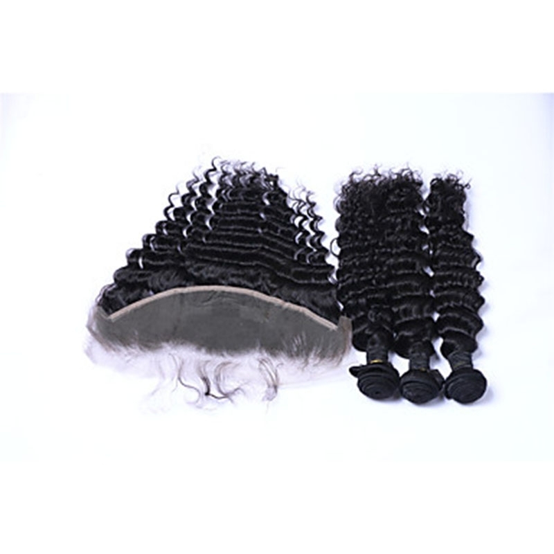 3Bundles 300g Brazilian Remy Human Hair Deep Wave Human Hair Wefts with Free Part 13x4 Lace Frontal Closures