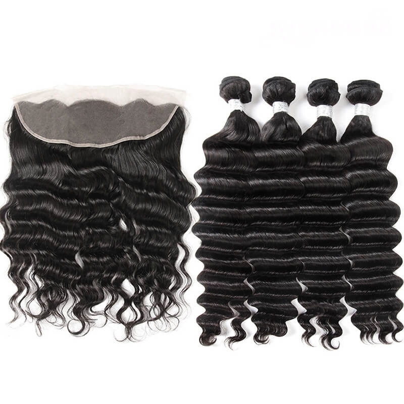 Brazilian Deep Wave Remy Hair Unprocessed Human Hair Bundles 3pcs with 13x4 Lace Frontal Closure Pre Plucked With Natural Baby Hair