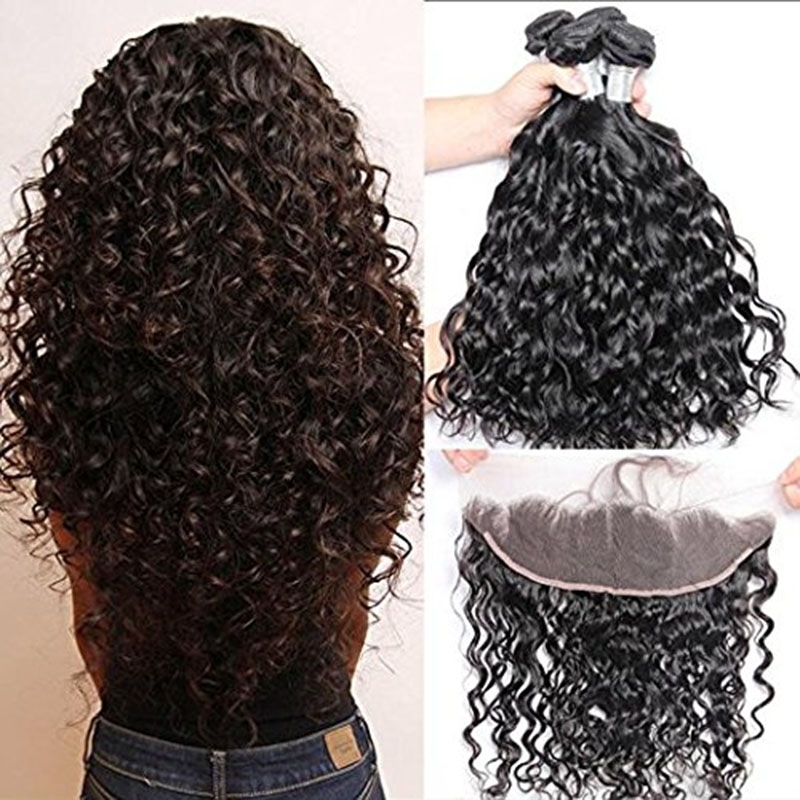 Brazilian Remy Hair Bundles with Frontal Water Wave 3 Bundles With 13x4 Lace Frontal Closure Wet And Wavy Human Hair Weave Natural