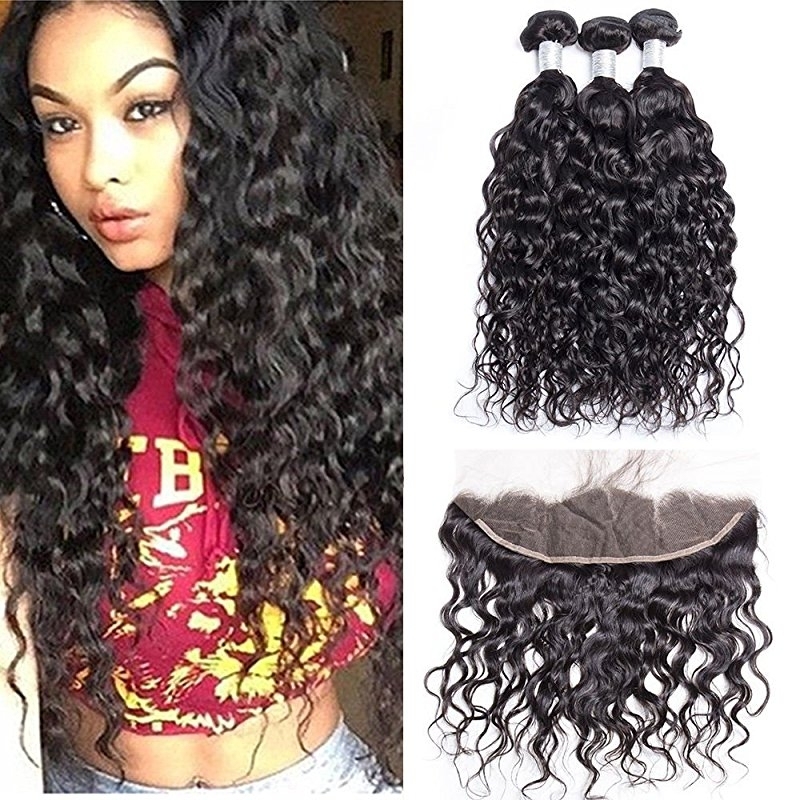 Water Wave 3 Bundles With Ear to Ear Lace Frontal Closure Unprocessed Peruvian Human Hair Weave with 13x4 Inch Full Lace Frontal With Baby Hair