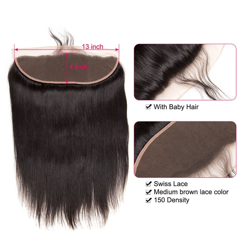 Silky Straight Hair 3 Bundles With Frontal Brazilian Human Hair Weave 13x4 Pre Plucked Lace Frontal Closure With Baby Hair Around