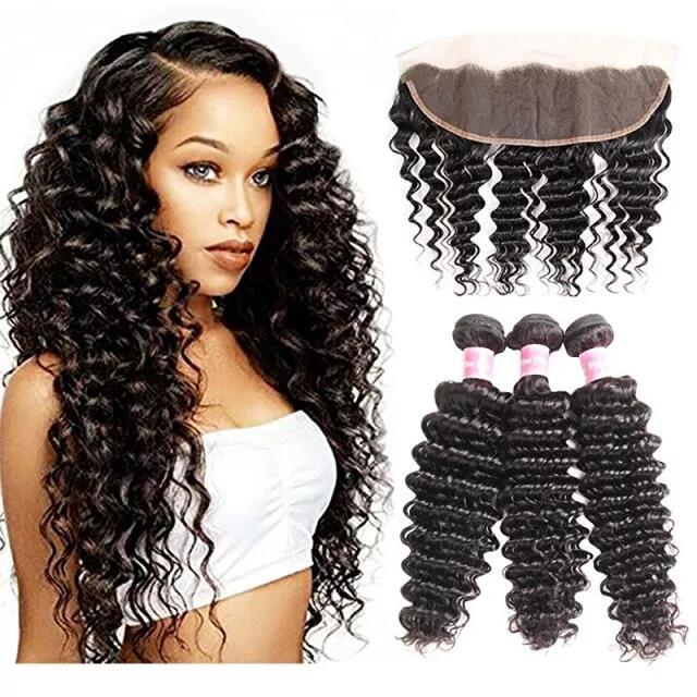 8a Deep Curly Wave 3 Bundles with Lace Frontal Closure 13×4 Ear to Ear Frontal with Bundles Bleached Knots Unprocessed Brazilian Deep Wave Hair