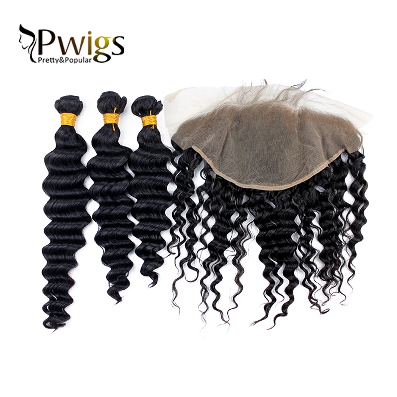 Remy Hair Deep Wave 13x6 Lace Closure With 3pcs Bundles Extensions Nature Human Hair