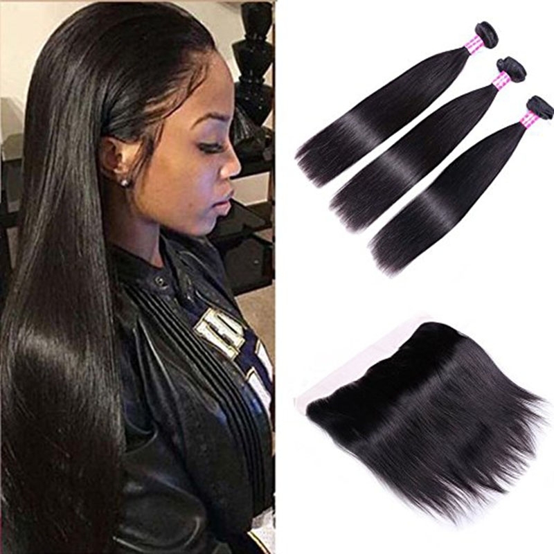 Natural Straight Hair 3 Bundles With Frontal Closure 13x4 Ear To Ear Lace Frontal With Bundles Unprocessed Human Hair