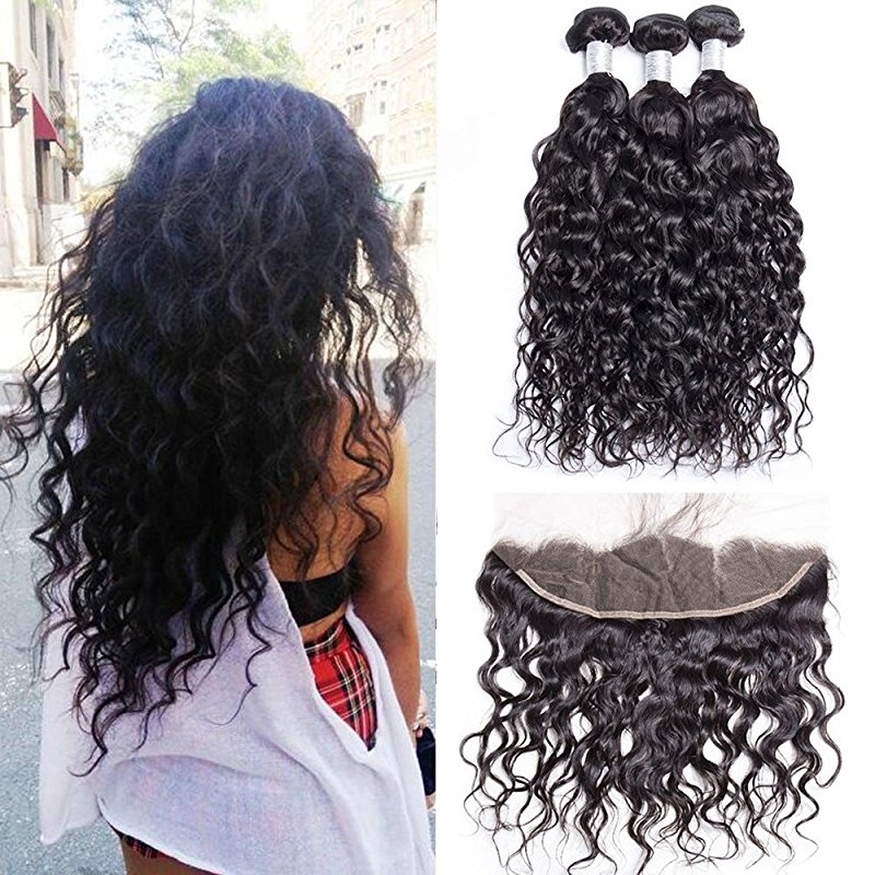 Brazilian Remy Hair Bundles with Frontal Water Wave 3 Bundles With 13x4 Lace Frontal Closure Wet And Wavy Human Hair Weave Natural