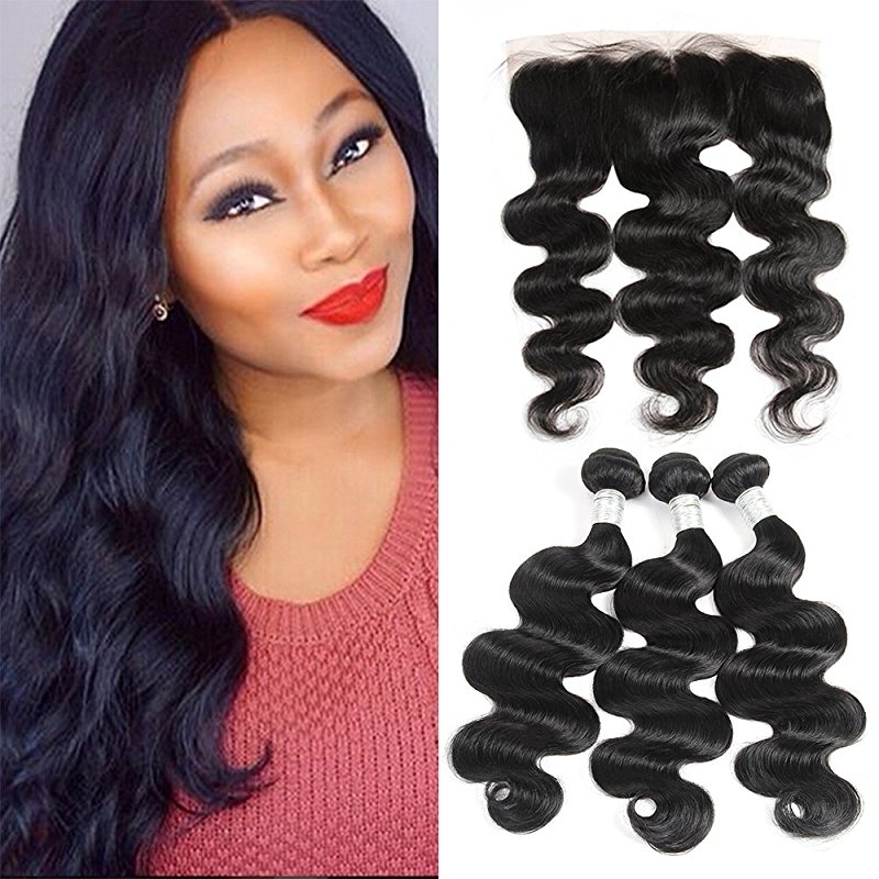 Body Wave 3 Bundles With Lace Frontal(13X4) 8A Unprocessed Human Hair bundles with ear to ear Lace closure Natural Color