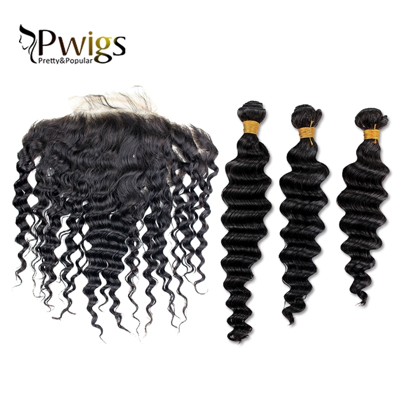 Remy Hair Deep Wave 13x6 Lace Closure With 3pcs Bundles Extensions Nature Human Hair