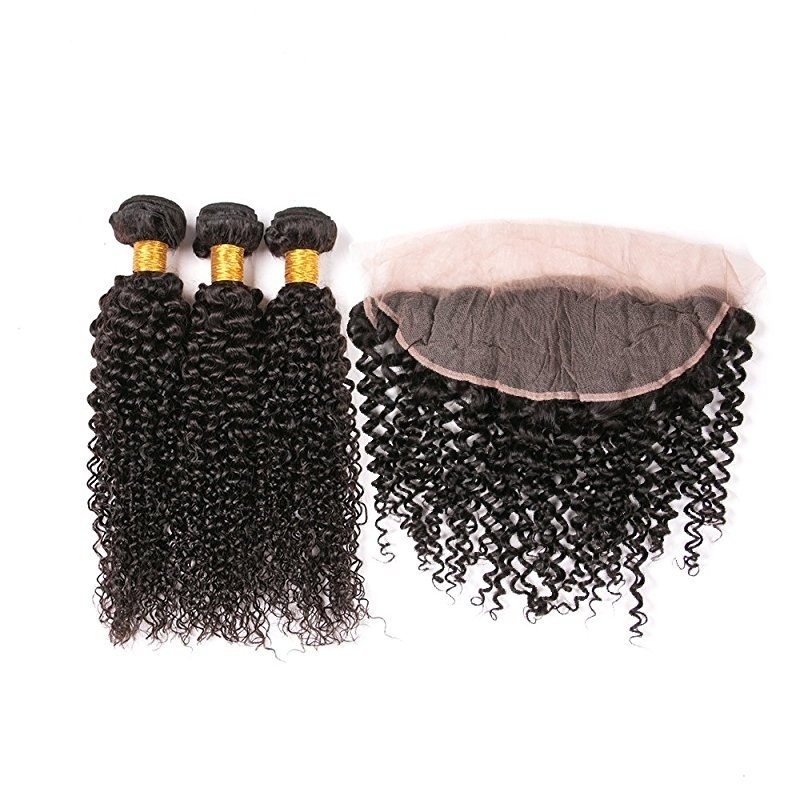 Kinky Curly Hair And Natural Brazilian Lace front Closure Remy Bundles Free Part 13x4 Human Hair