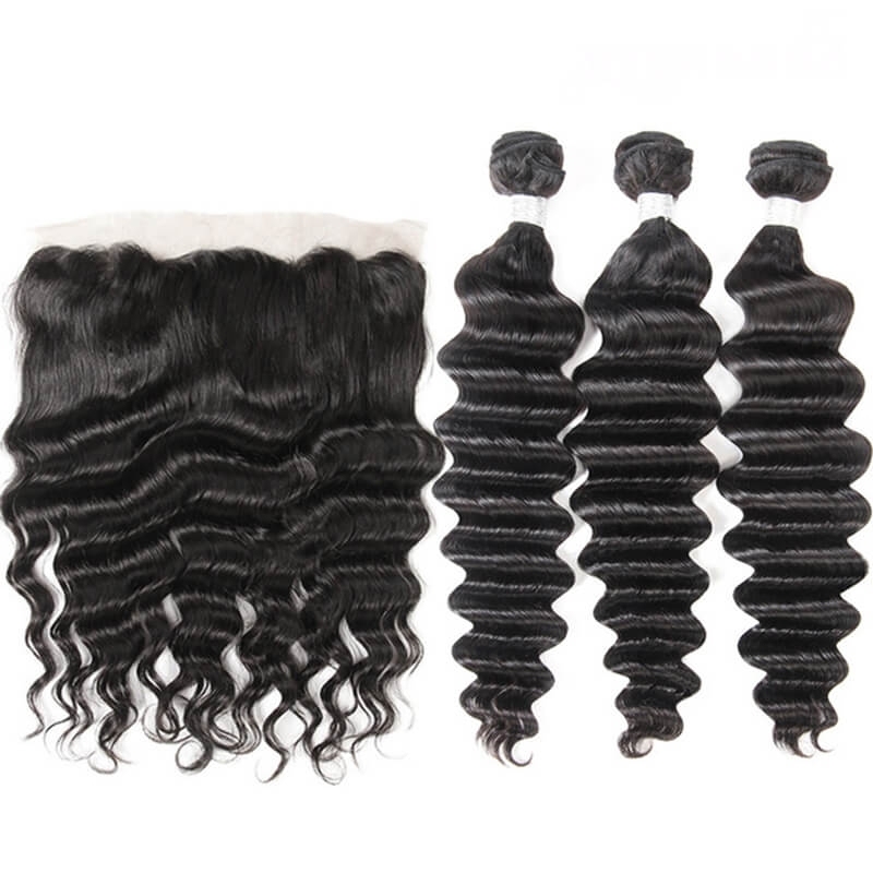 Brazilian Deep Wave Remy Hair Unprocessed Human Hair Bundles 3pcs with 13x4 Lace Frontal Closure Pre Plucked With Natural Baby Hair