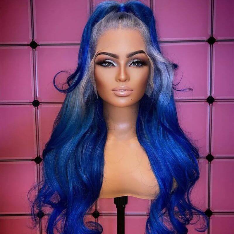 Body Wave Sliver and Blue Gradient Colored Lace Front Human Hair Wigs Brazilian Remy Highlight Colored Lace Front Wigs Ombre Blue Human Hair Lace Wig 150% Pwigs