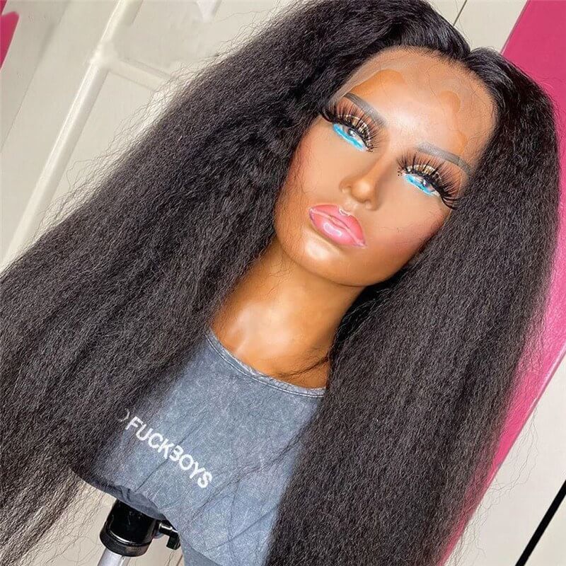 Kinky Straight 13x4 Lace Wig 150% Density  Brazilian Remy Yaki Straight Human Hair Wigs For Women Pre Plucked Lace Front Wig