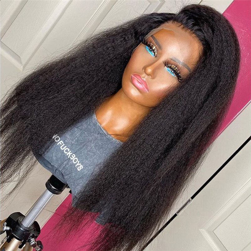 Kinky Straight 13x4 Lace Wig 150% Density  Brazilian Remy Yaki Straight Human Hair Wigs For Women Pre Plucked Lace Front Wig