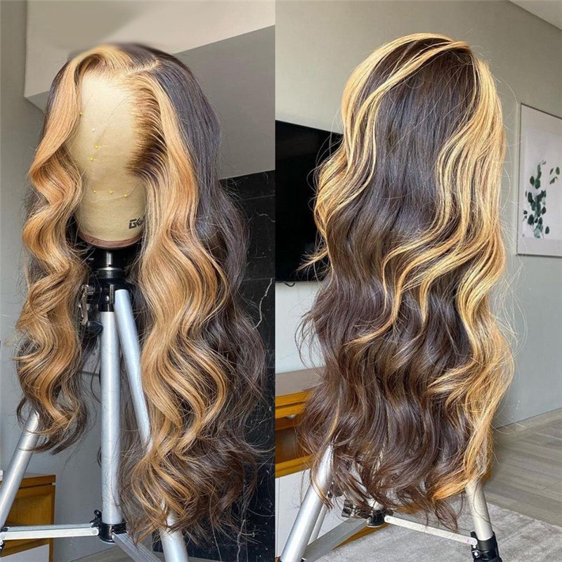 150%  Density Wavy Wig Lace Front Human Hair Wigs Brazilian Remy Hair #27 Honey Blonde Highlight  Wigs For Women 8-26inch