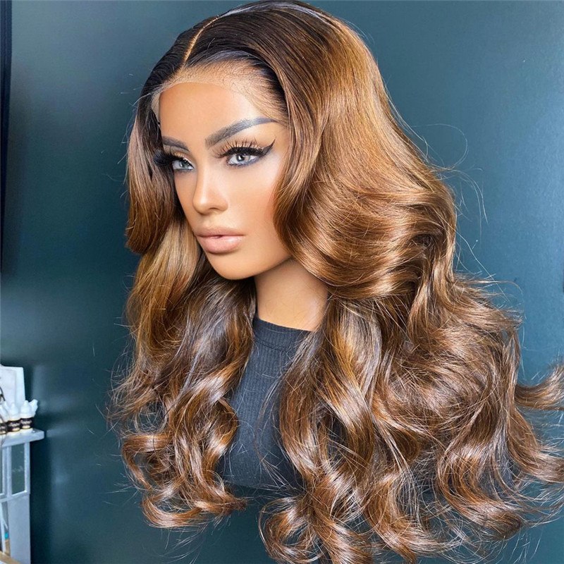 150% Density 13x4 Body Wave Human Hair Wigs For Women Honey Brown Lace Front Wig Brazilian Remy Hair 1b/#4 Ombre Highlight Wig