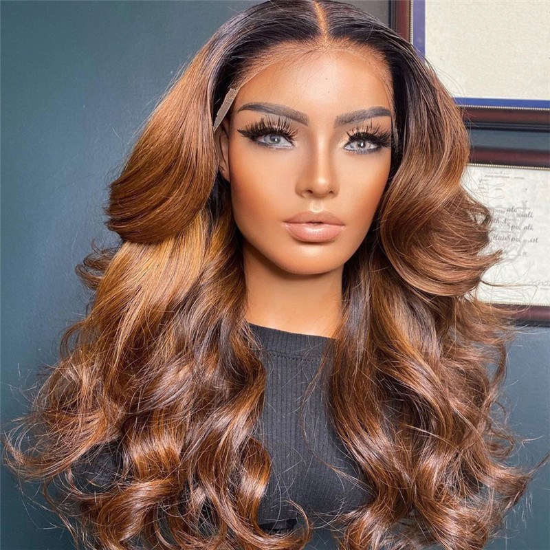 150% Density 13x4 Body Wave Human Hair Wigs For Women Honey Brown Lace Front Wig Brazilian Remy Hair 1b/#4 Ombre Highlight Wig