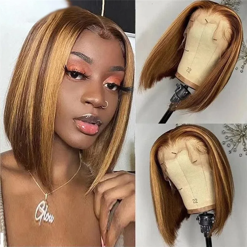 Honey Blonde Lace Front Wig Human Hair 13x4 Bob Highlights Lace Front Wigs Brazilian Remy 4/27 Human Hair Lace Frontal Wigs 250%