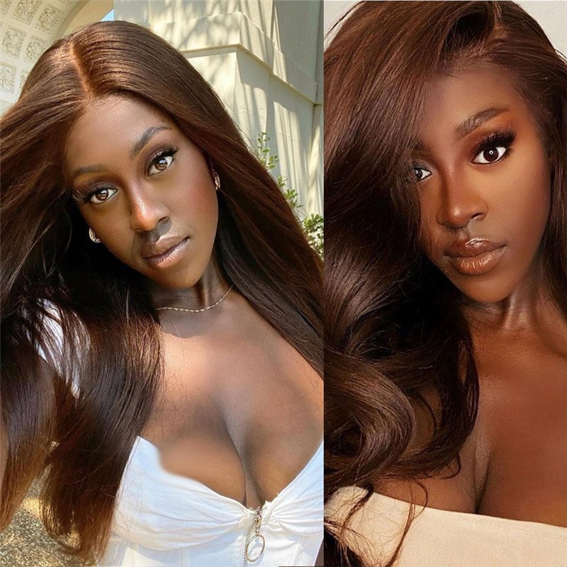 150% Density #4 Brown Colored Human Hair Wigs For Women Peruvian Remy Hair Body Wave Lace Front Wig 4x4 Closure Wig Pre Plucked