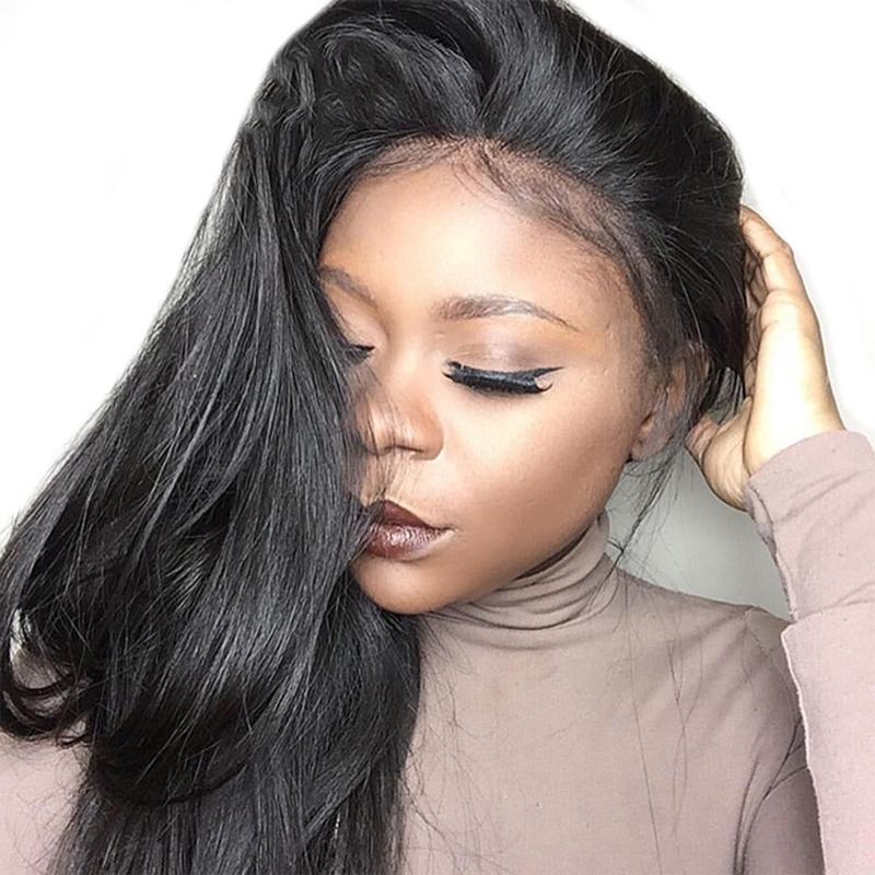 Human Lace Front Wigs With Baby Hair Natural Black Silk Straight Peruvian Hair Wig With Natural Baby Hair Bleached Knots