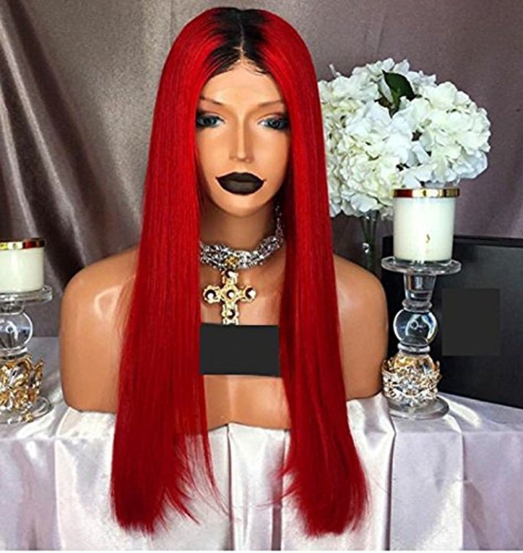1bt/Red Ombre Straight For Women Mongolian Remy Hair Glueless Human Hair Wigs With Baby Hair