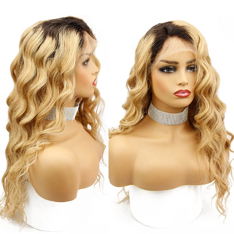 Ombre Colored Brazilian Human Hair Lace Wigs 1B/27 Loose Wave Hair Lace Wigs Bleached Knots Pre Plucked Hair Line with Natural Baby Hair