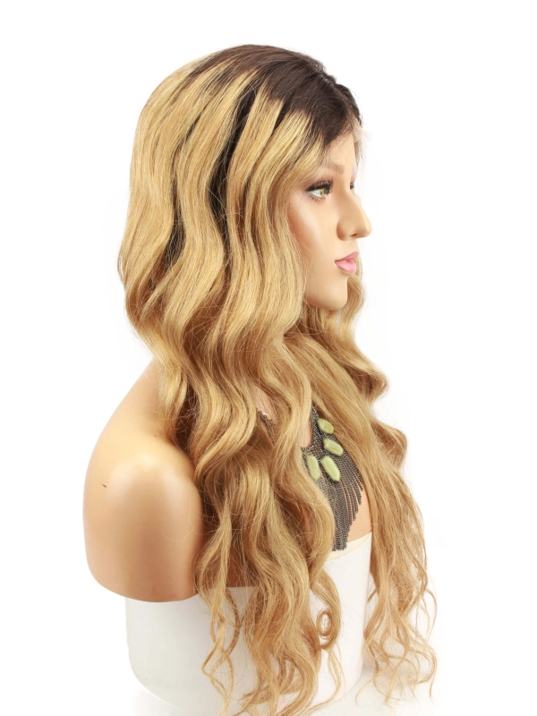Ombre blonde #1B/27 Brazilian Wave Hair Full Lace Wigs Caps Dark root Lace front wig Bleached knot Pre plucked hairline