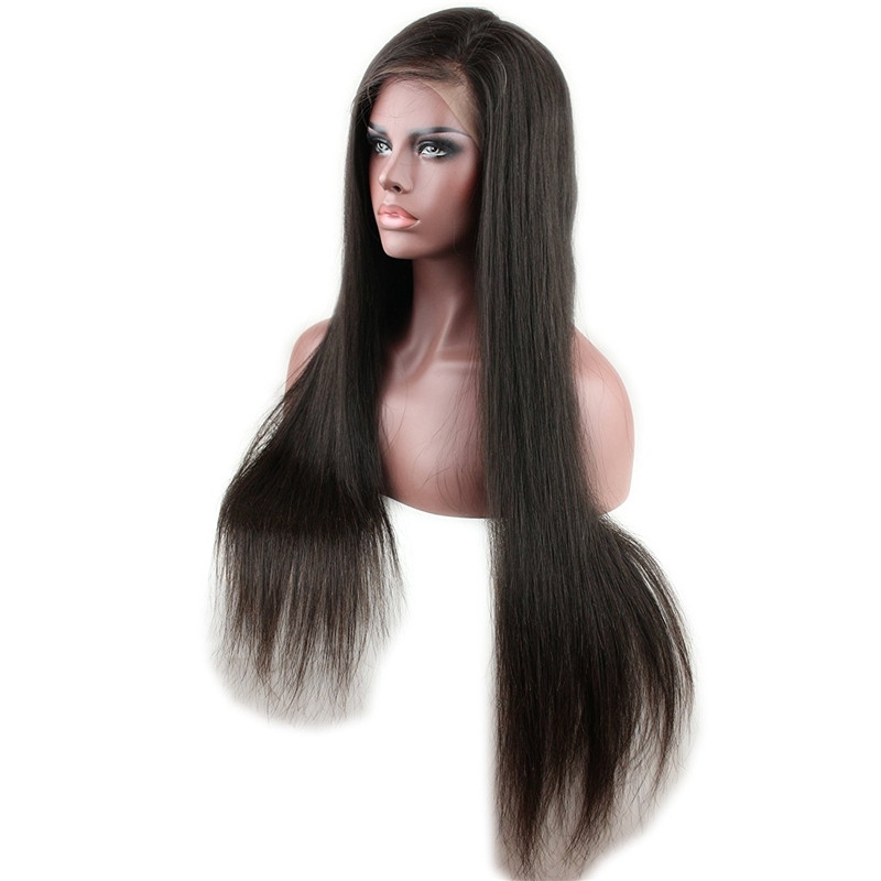 Glueless Full Lace Wig Silk Straight Brazilian Remy Human Hair Free Part Natural Hairline for Black Women Natural Color 24 inch