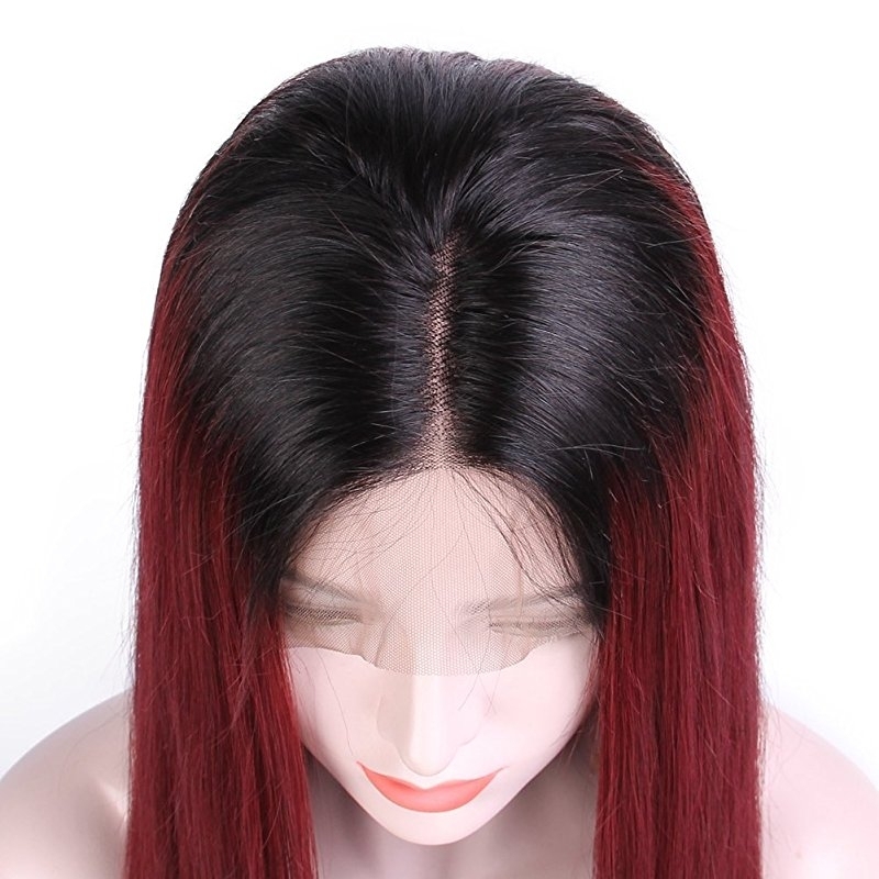 Human Hair Straight Lace Front Wigs Real Brazilian Hair Ombre Black Roots 1B 99J Color