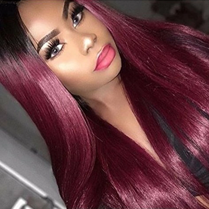 Human Hair Straight Lace Front Wigs Real Brazilian Hair Ombre Black Roots 1B 99J Color