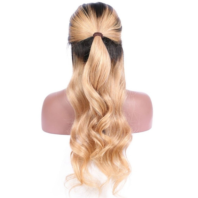 Malaysia human hair Ombre blonde #1B/27 Full Lace Wigs Caps Dark root Loose wave Lace front wig Bleached knot Pre plucked hairline
