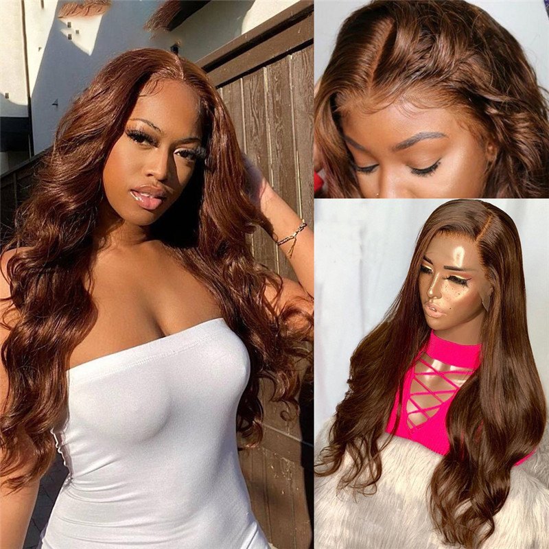 150% Density #4 Brown Colored Human Hair Wigs For Women Peruvian Remy Hair Body Wave Lace Front Wig 4x4 Closure Wig Pre Plucked