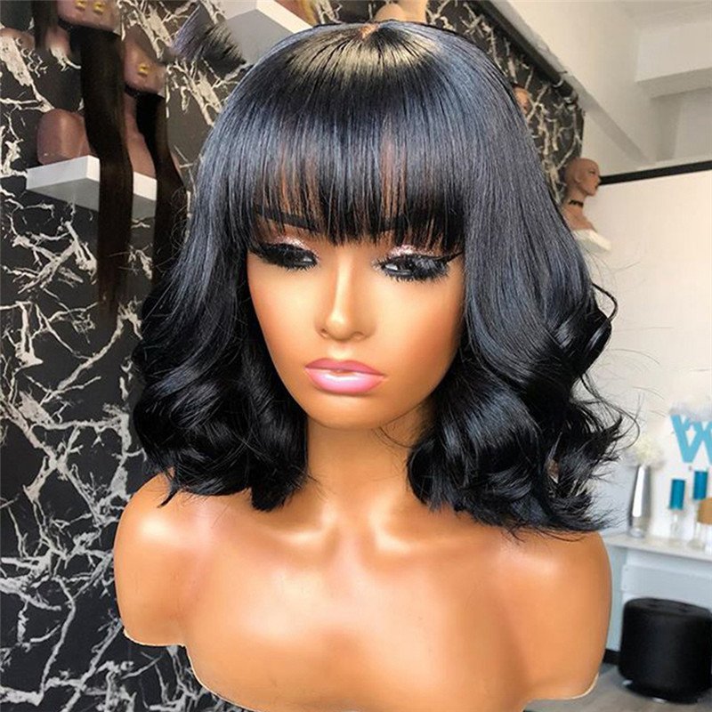 Short Bob 360 Lace Frontal Wig With Bangs Brazilian Wavy 360 Lace Wigs For Women 13x4 Bob Lace Front Human Hair Wigs With Bangs