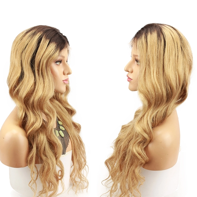 Ombre blonde #1B/27 Brazilian Wave Hair Full Lace Wigs Caps Dark root Lace front wig Bleached knot Pre plucked hairline