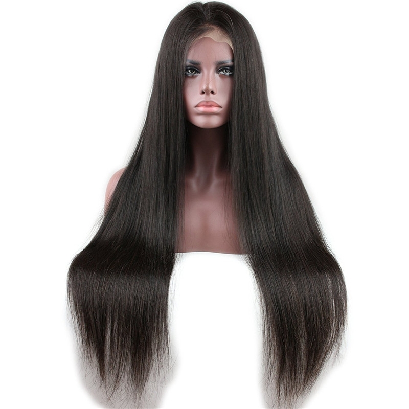 Glueless Full Lace Wig Silk Straight Brazilian Remy Human Hair Free Part Natural Hairline for Black Women Natural Color 24 inch