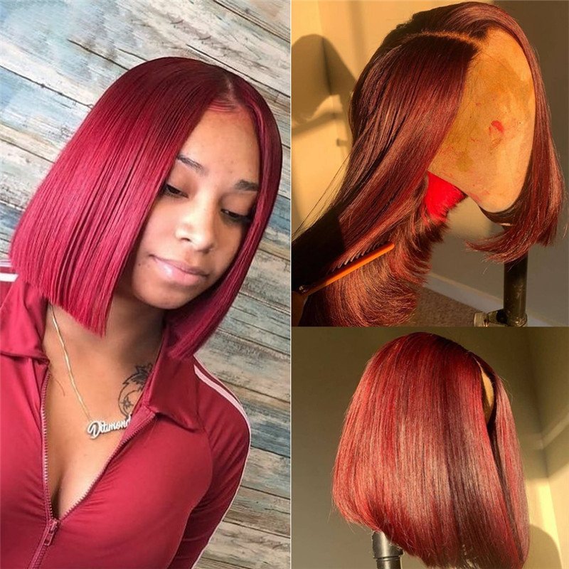 Straight Burgundy Bob Lace Front Wigs For Women 99J Lace Front Human Hair Wigs Brazilian Pre plucked 150% Density Bob Wigs