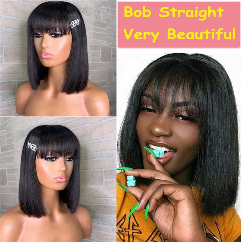 13x4 Short Bob Lace Front Human Hair Wigs With Bangs Brazilian Remy Hair Closure Wig With Bangs Bob Frontal Wigs For Women 150%