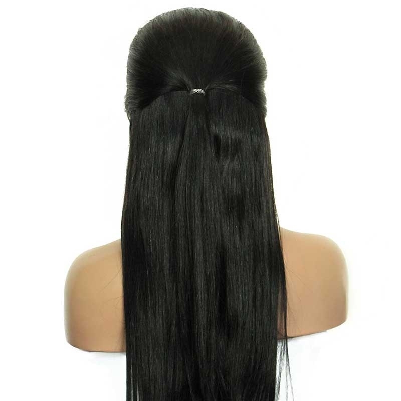 Long Black Lace Front Wig Silky Straight Natural Color Human Hair Natural Hair Line Ponytail Wigs Brazilian Wigs 180% Density