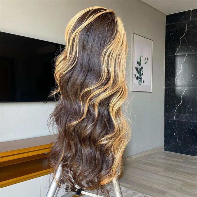 150%  Density Wavy Wig Lace Front Human Hair Wigs Brazilian Remy Hair #27 Honey Blonde Highlight  Wigs For Women 8-26inch