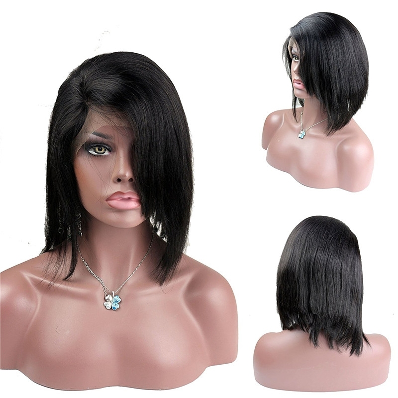 Short Human Hair Wigs Front Lace and Full Lace Wig with Bangs in Front Side Part 8-16