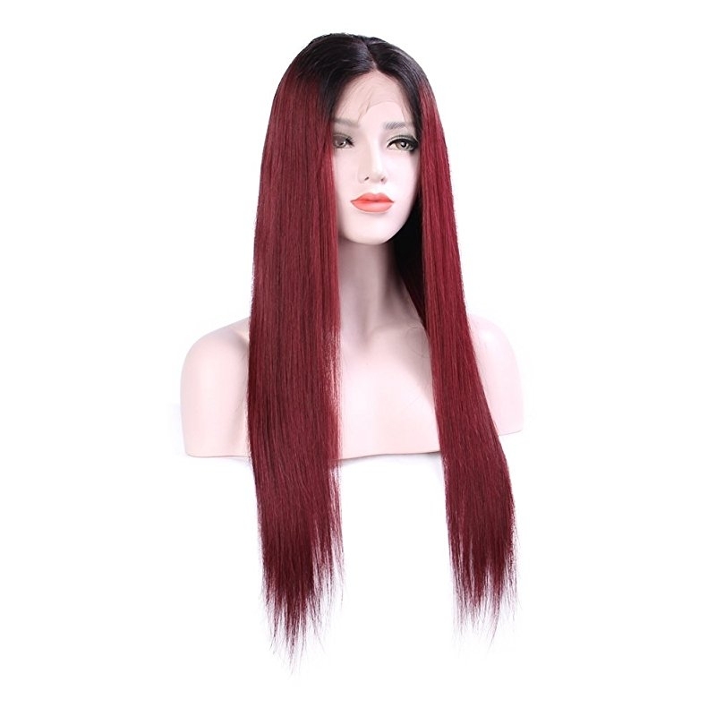 Human Hair Straight Lace Front Wigs Real Brazilian Hair Ombre Black Roots 1B 99J Color