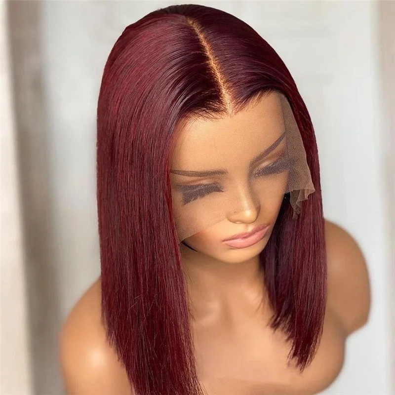 150% Straight 99j Red Short Bob Human Hair Wigs Brazilian Remy Pre Plucked Highlight Wig 13x4 Lace Wigs Glueless Wigs