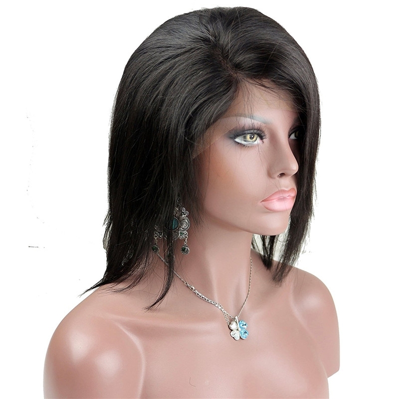 Short Human Hair Wigs Front Lace and Full Lace Wig with Bangs in Front Side Part 8-16