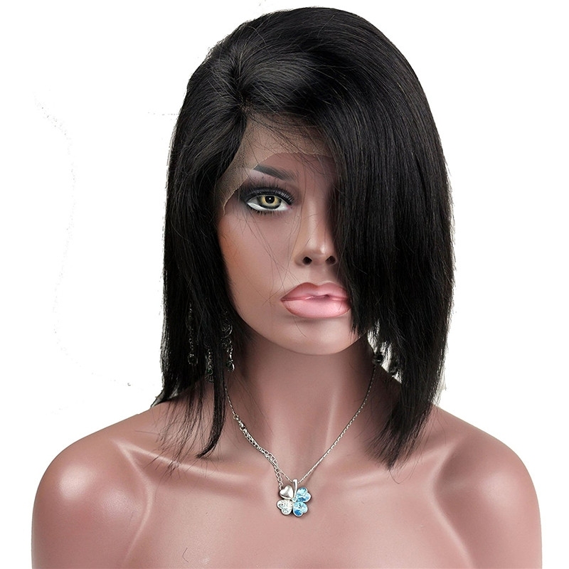 Short Human Hair Wigs Front Lace and Full Lace Wig with Bangs in Front Side Part 8-16