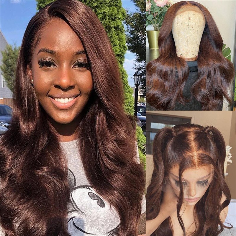 Body Wave #3 Brown Human Hair Wigs For Women Peruvian Remy Hair 13x4 Brown Closure Wig 8-28inch Glueless Lace Wigs 150% Density