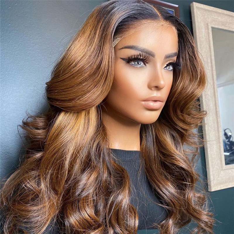 150% Density 13x4 Body Wave Human Hair Wigs For Women Honey Brown Lace Front Wig Brazilian Remy Hair 1b/#4 Ombre Highlight Wig