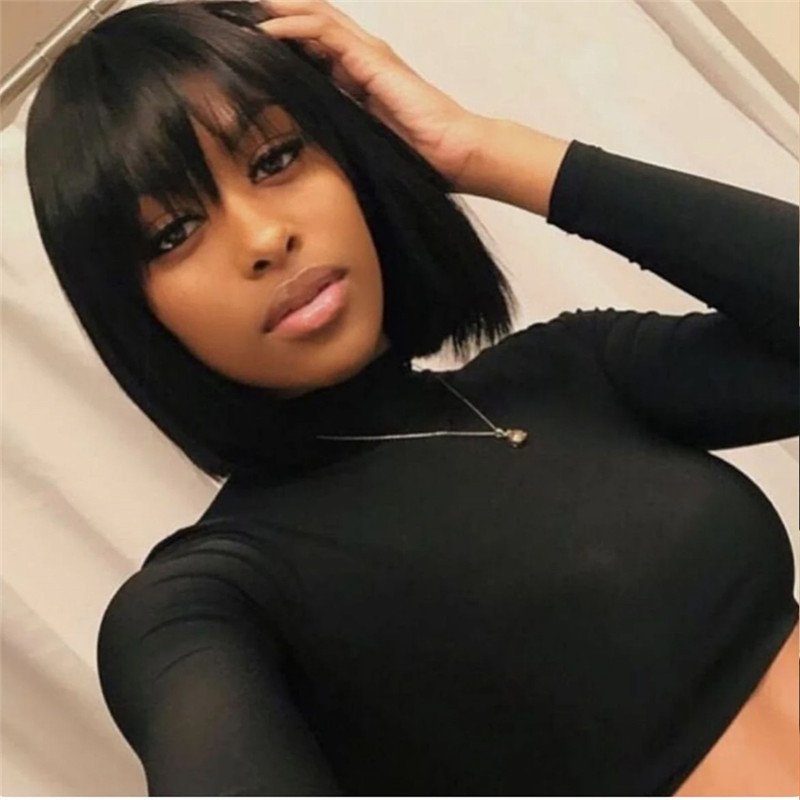 13x4 Short Bob Lace Front Human Hair Wigs With Bangs Brazilian Remy Hair Closure Wig With Bangs Bob Frontal Wigs For Women 150%
